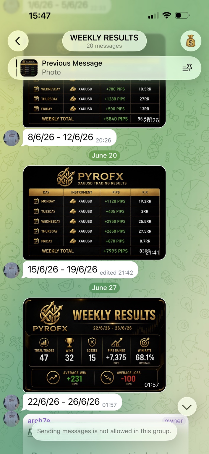 Original PYROFX Telegram screenshot including 22–26 June 2026: 47 trades, 32 wins, 15 losses and 7,375 pips